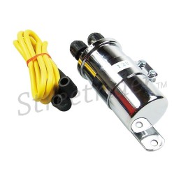 BOBINA CROMATA DI ACCENSIONE UNIVERSALE 12 V DOPPIA USCITA CANDELA PER MOTO