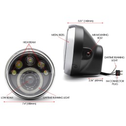 HEADLIGHT 7.4" 188 MM LED BLACK/CHROME FOR CAFE RACER MOTORCYCLE