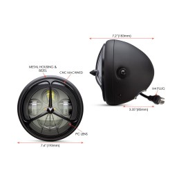BLACK HEADLIGHT 7.6" 193 MM LED TRIS DESIGN FOR CAFE RACER MOTORCYCLE
